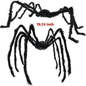 2 Pack Giant Spiders Halloween Decorations Outdoor Indoor 6.5Ft Extra Large Poseable Fuzzy Black Spider Scray Party Favor Haunt House Home Garden Web Decor