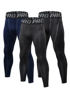 Men's High Stretch Moisture Wicking Compression Long Pants, Sporty Tight Fit Cycling Tights, Elastic Waist, All Seasons, Pack of 3, Skinny Sportswear