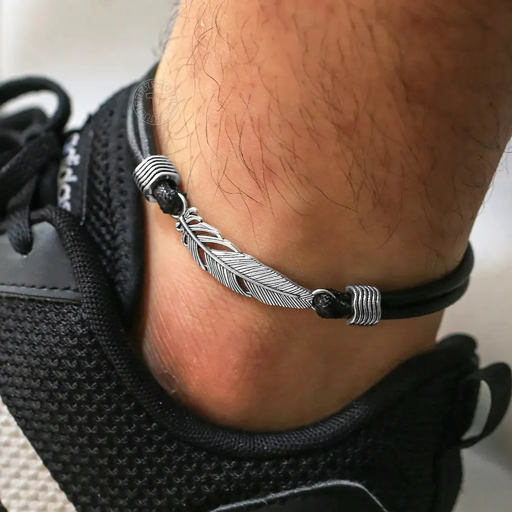 Leather Rope Lucky Anklet For Men Women Couple Handmade Feather Leaf Charm Foot Bracelet Barefoot Sandal Beach Chain DA52