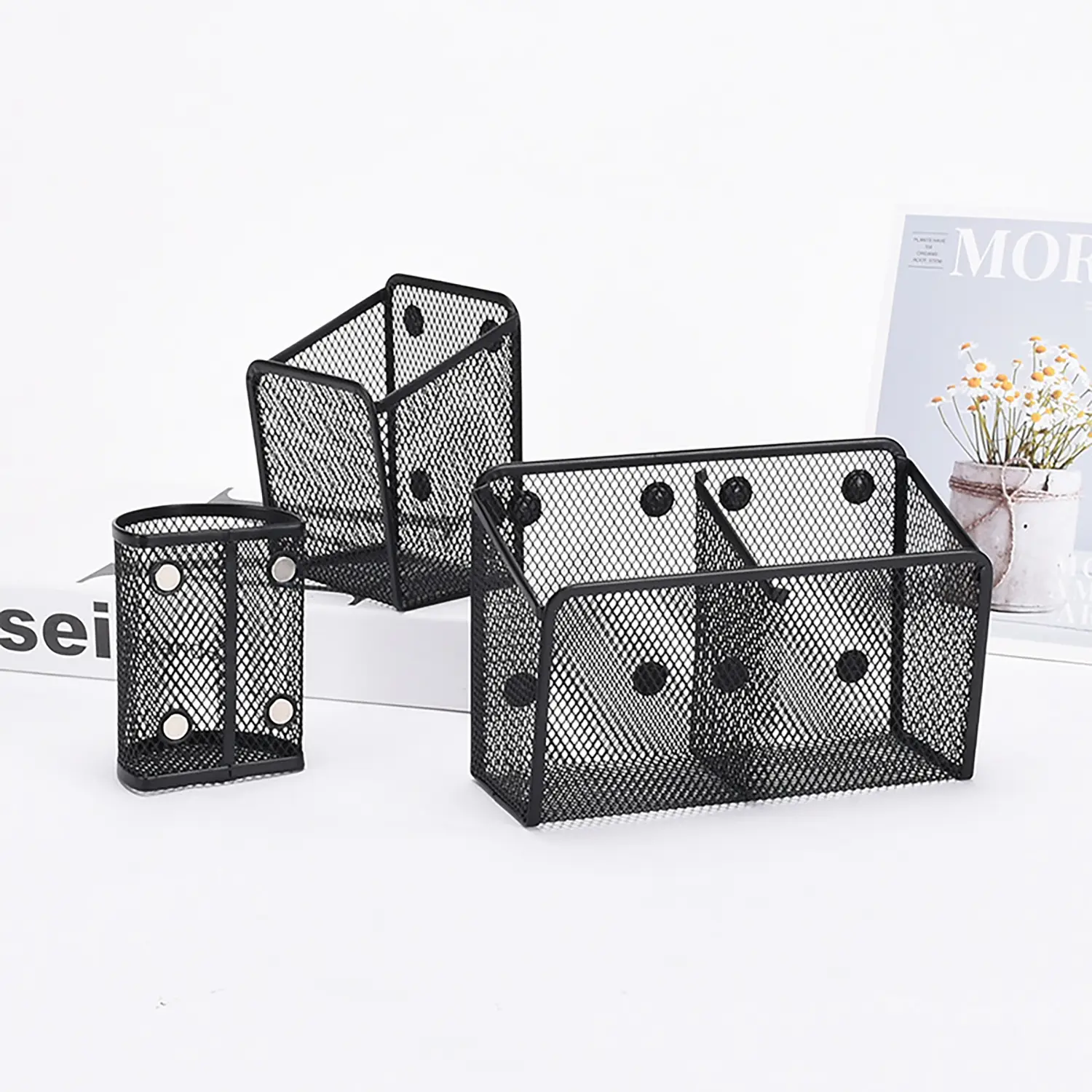 Magnetic Pen Holder, Mesh Stainless Steel Pencil Basket, Metal Writing Tool Organizer, Suitable for Whiteboard, Blackboard, Kitchen, Home Office, Office Accessory, Pencil Holders, Office Desk Accessories