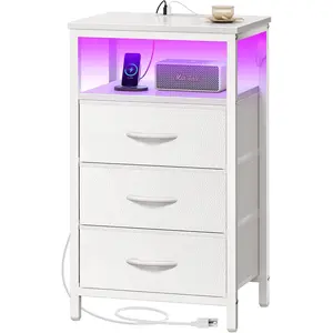 Night Stand with Charger Station and LED Lights, 3 Drawer Nightstand, Bed Side Table with Open Shelf, End Table, Tall Fabric Dresser for Bedroom, PU Leather, White