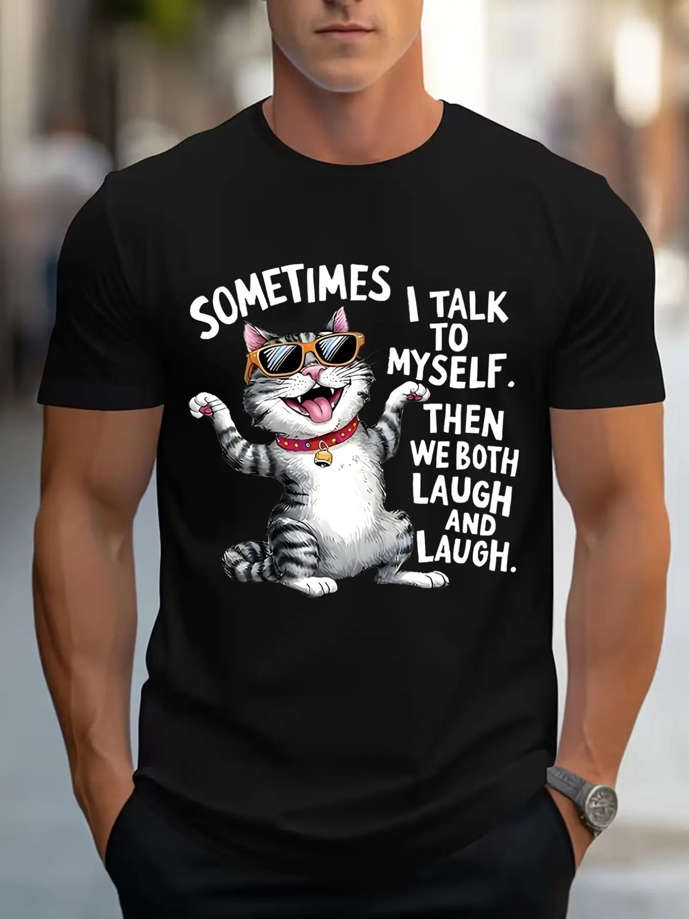 Men's Roundneck Tshirt, Cat Talking to Itself, Fun