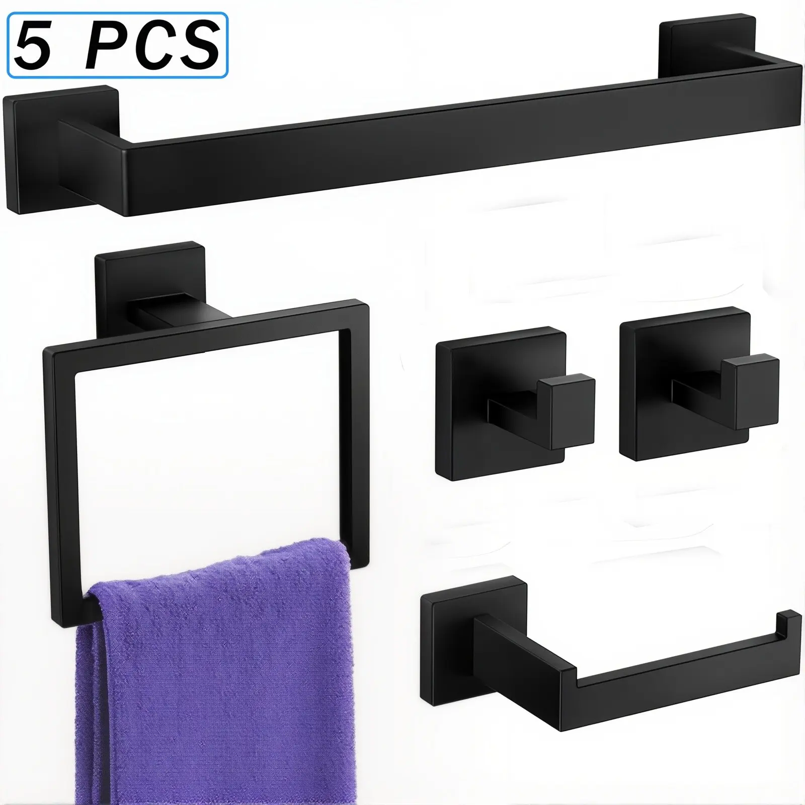 ATSHOWER 5-Piece Matte Black Contemporary SUS304 Stainless Steel Bathroom Hardware Set, 16" Anti-Rust Non-Toxic Wall-Mounted Square Towel Rack & Bath Accessories Set