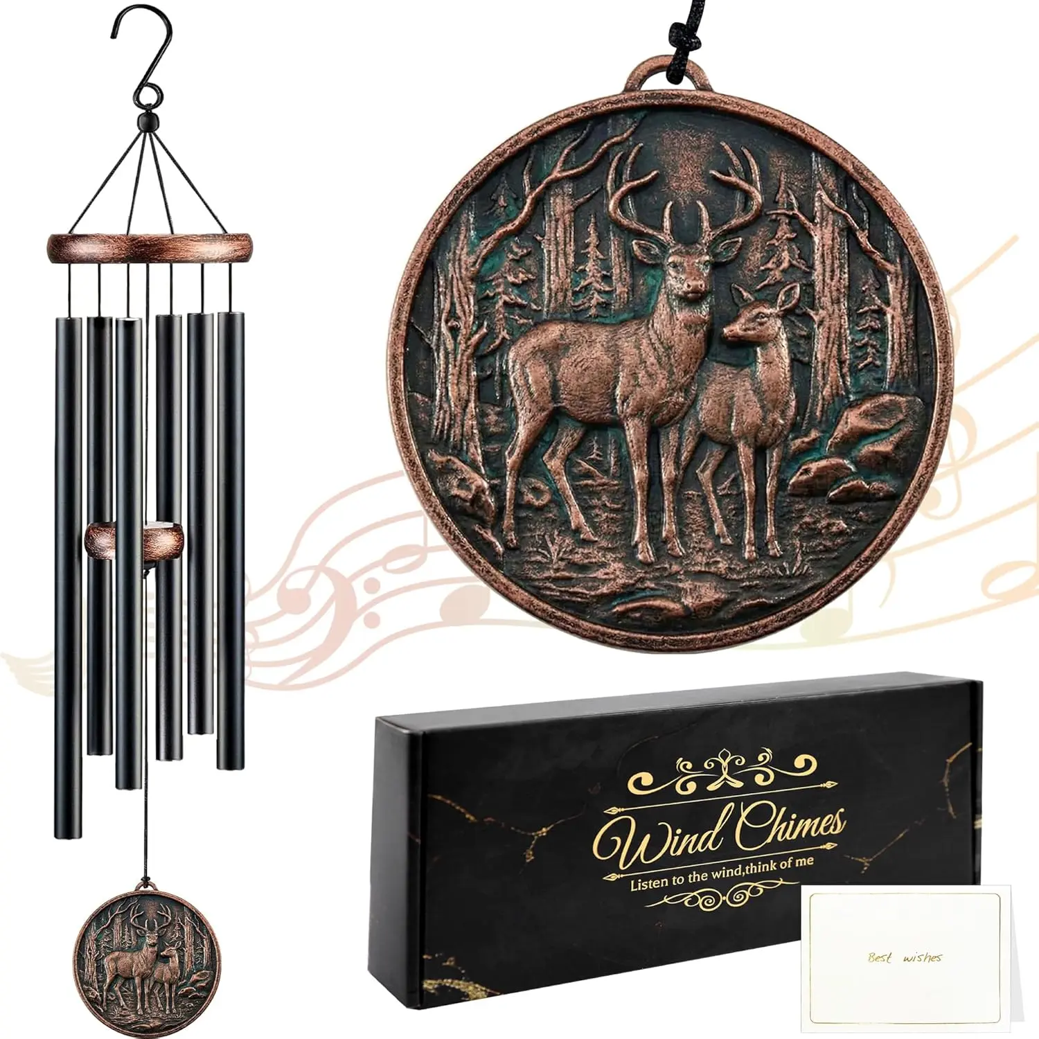 32in Resin 3D Deer Relief Wind Chimes - Rustic Farmhouse Outdoor Hanging Decor with Deer-and-Doe Design, Greeting Card Memorial Gift for Parents, Patio Ornament for Relaxation
