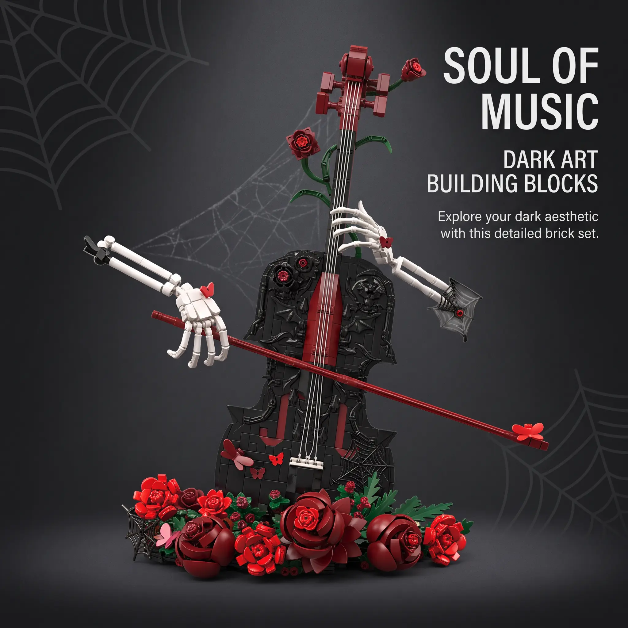 Gothic Skeleton Cello Building Blocks Set, Dark Art Rose Cello Brick Model with Articulated Skeleton Hands & Spider Web Details, Desktop Display Decor Collectible Building Kit for Adults