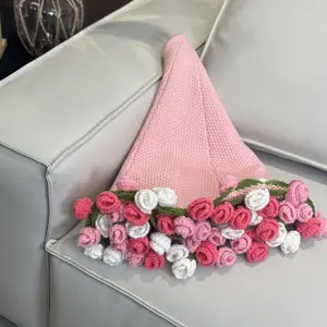 Handmade Finished Rose Blanket DIY Crochet Bouquet Of Flowers Soft Cozy Throw 3D Rose Pattern Machine Washable Home Camping Travel Gift