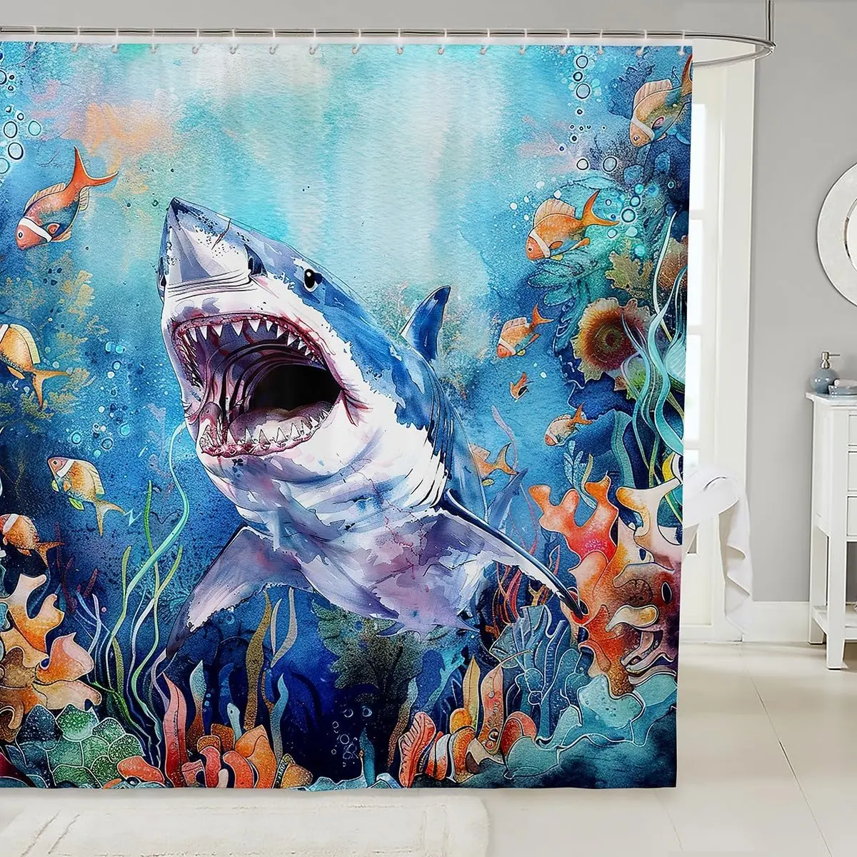 Feelyou Polyester Waterproof Shark Shower Curtain - 72x72" Fun Print Ocean Coastal Sea Animal Bathroom Curtain Set, Washable Household Textile Bathroom Accessory