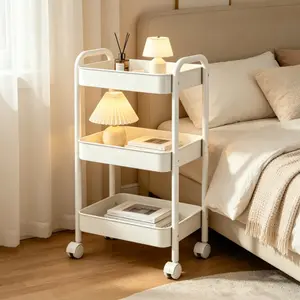 3-Tier Rolling Utility Cart with Handle, Heavy Duty Metal Storage Organizer on Wheels, Easy Assembly Space-Saving Mesh Rack for Kitchen, Bathroom, Nursery, Office, Dorm, Perfect Mother's Day Gift for Mom, Sturdy Lockable Utility Trolley, White/Pink