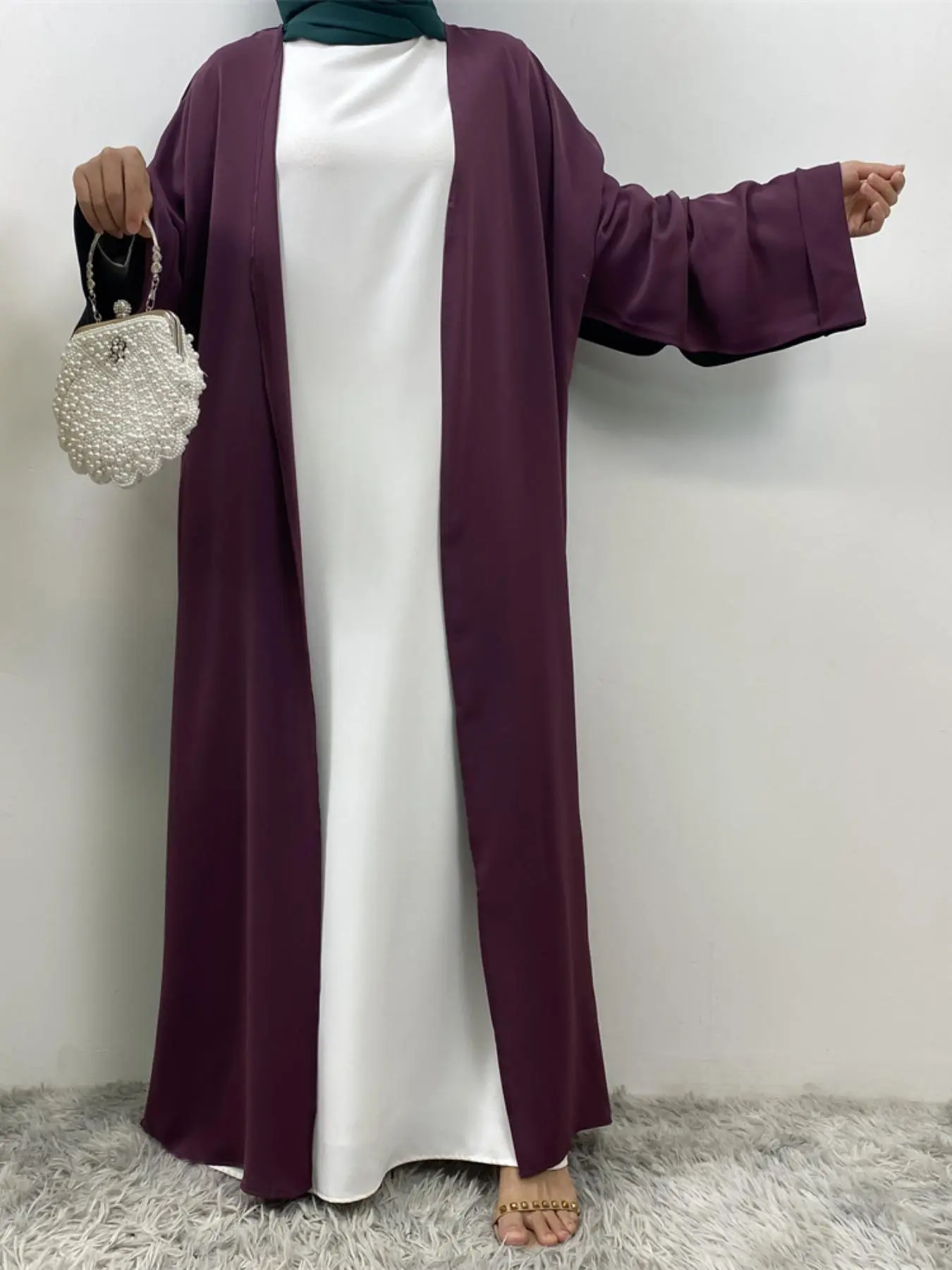Women's Colorblock Batwing Sleeve Open Front Abaya, Modest Long Sleeve Long Dress for Spring & Fall, Women's Islamic Clothing for Daily Wear