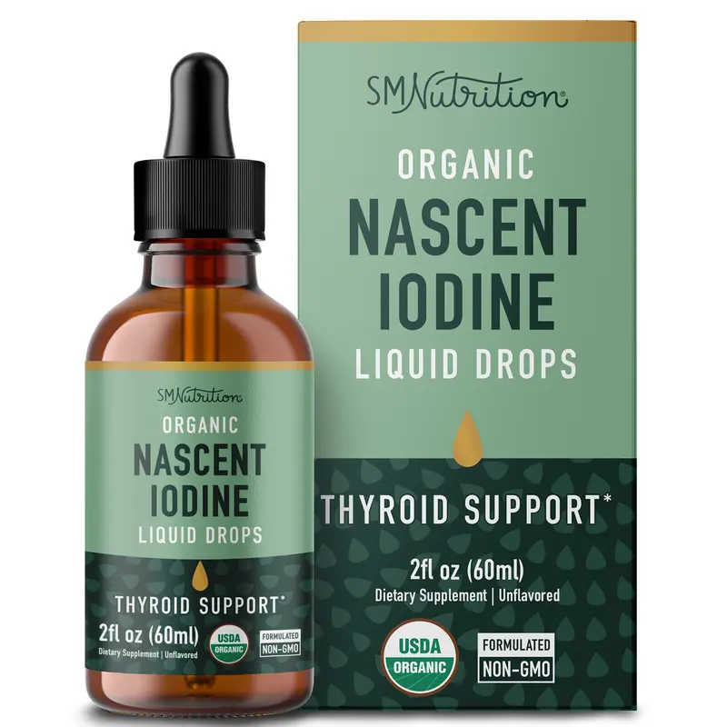 SM Nutrition Organic Nascent Iodine Liquid Drops 1100 mcg for Thyroid Support USDA Certified Non-GMO Vegan 2 fl oz Bottle