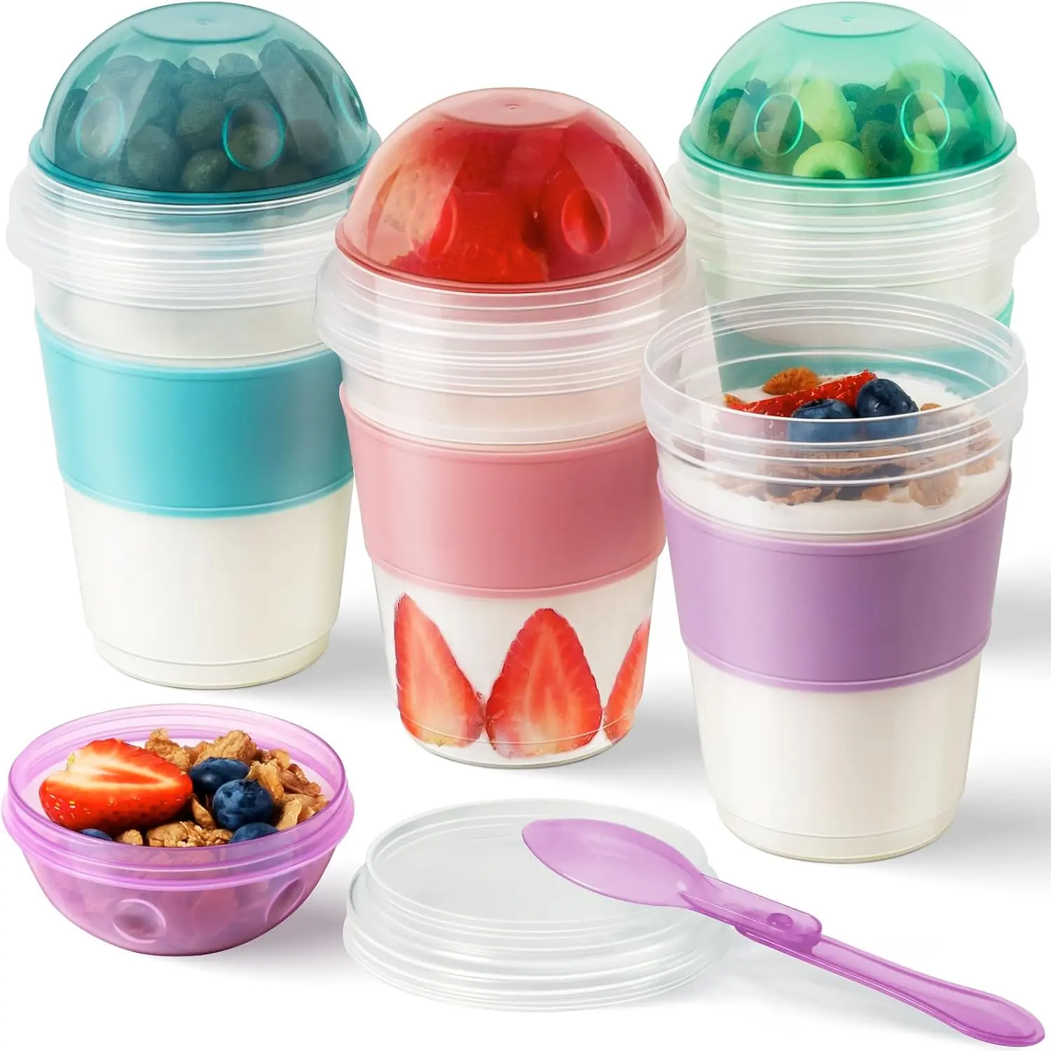 Kitchen Plastic Portable Yogurt Parfait Cups with Lids - 4 Pack 20 oz Reusable Containers with Folding Utensils, Topping Compartment for On-the-Go Breakfast, Overnight Oats