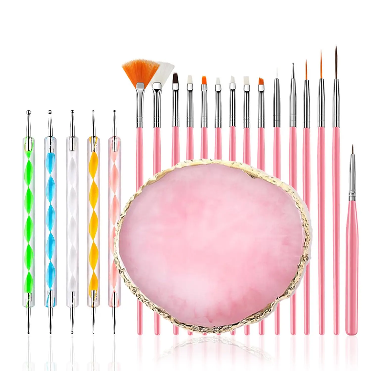 21 count  Art Brushes Set, 1   Art Palette, 5  Art Dotting Pens, 15  Art Brushes,  Polish Mixing Palette Double-Ended Dotting Pen  Liner Brush  Drawing Brushes