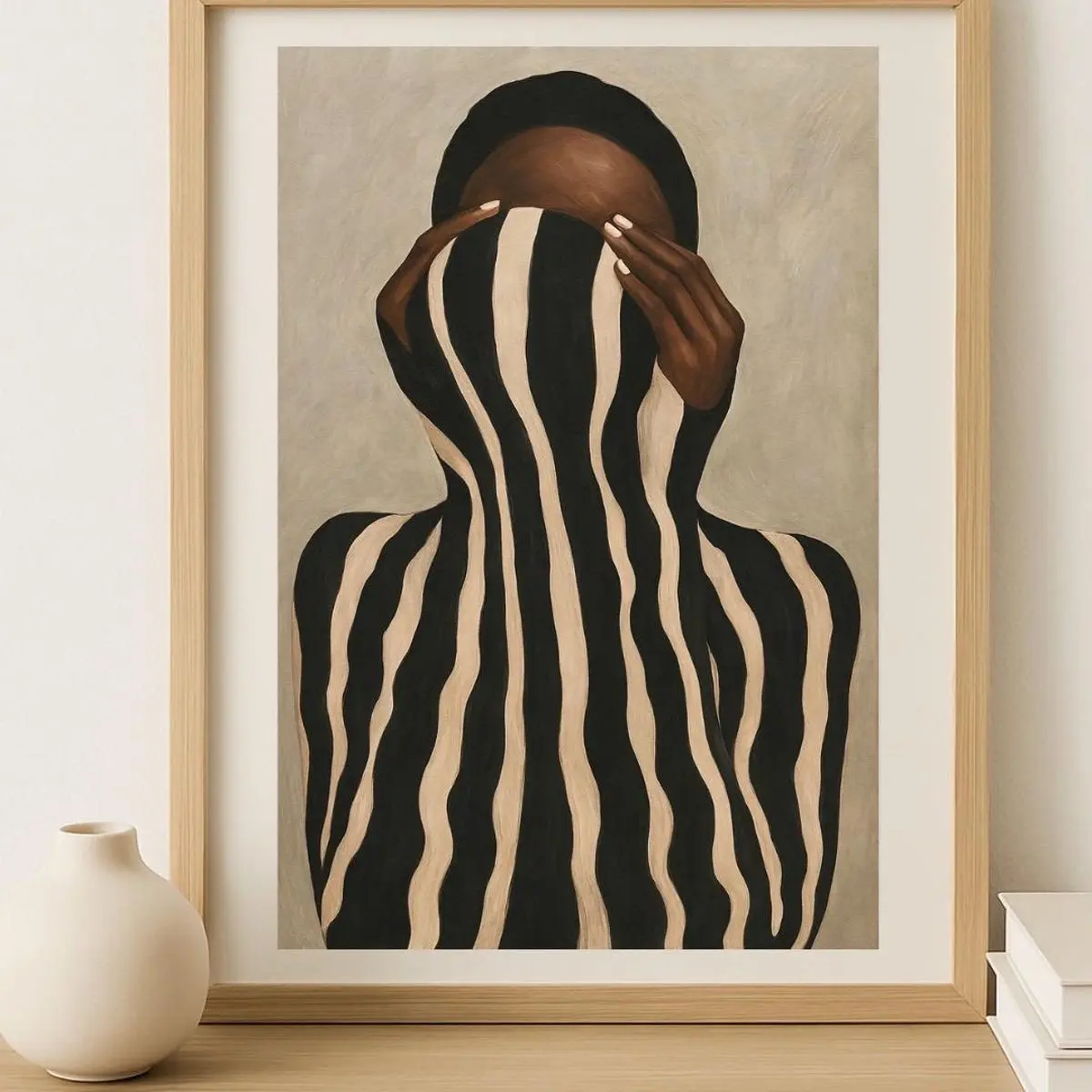 Abstract Zebra Stripes Wall Art | Minimalist Afrocentric Woman Portrait Print | Neutral Modern Interior Poster | 5 Sizes (8x12–27x40 inch) | Room Decor, Unframed