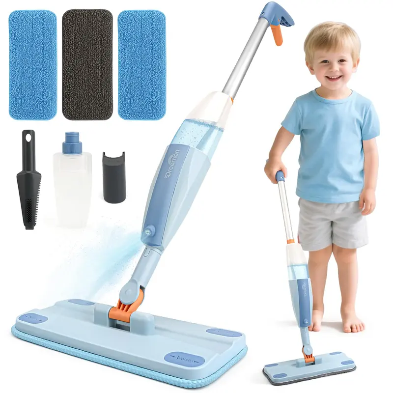 Dreamon Kids Cleaning Playset - Lightweight Easy-Grip Real Working Spray Mop with Water Sprayer, 3 Washable Pads, Scraper, Montessori Pretend Play Housekeeping Toddler Toys for 4-6 Years, Perfect Gift Ready-to-Gift Box