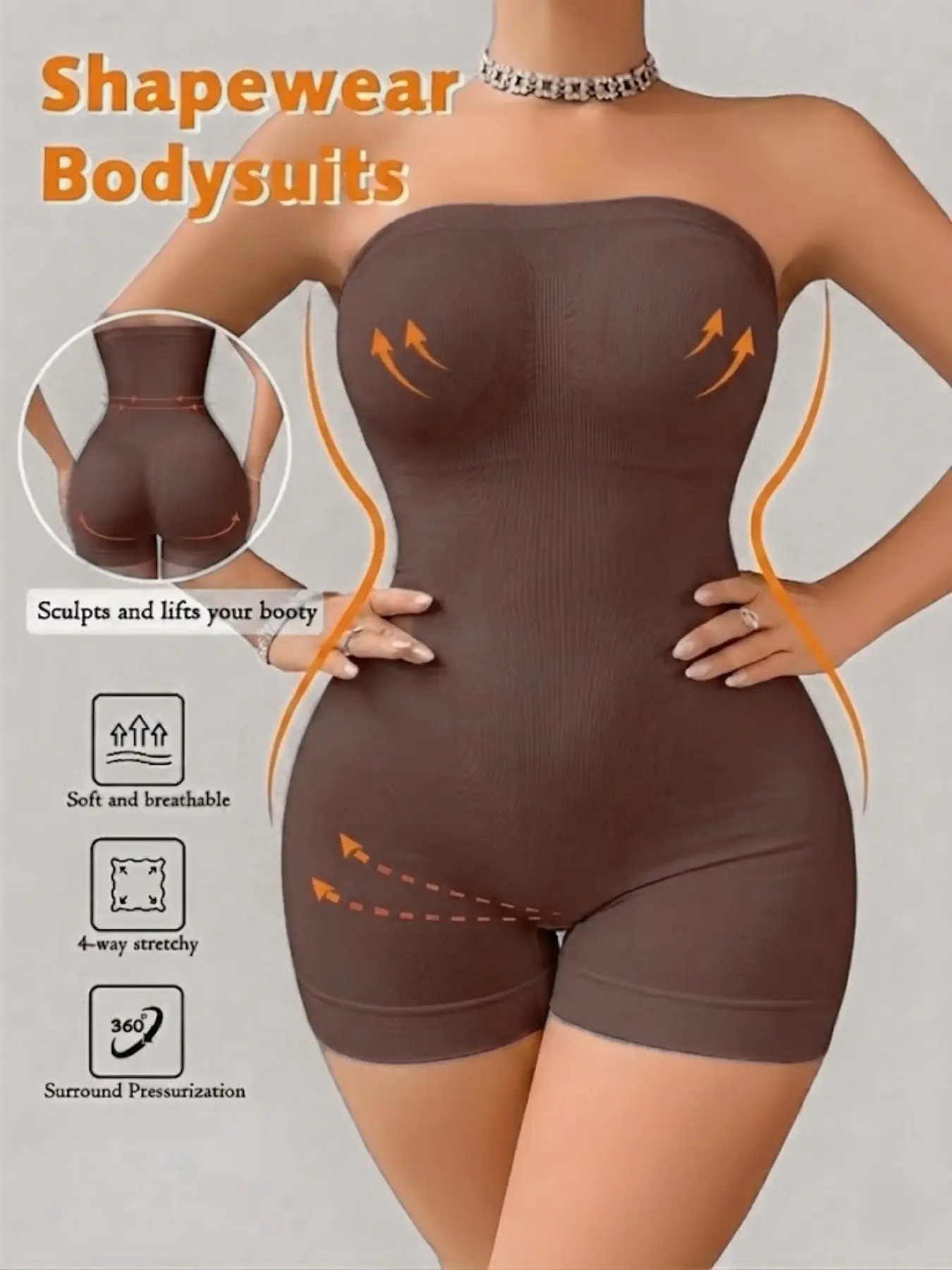 1 Count﻿ Women's Solid Color Butt Lifting and Tummy Control Full Body Shaper, Shapewear, Fajas, Strapless Self-Cultivation Bodysuit, Sexy White Breathable Comfortable Jumpsuit, Suitable for Party & Casual Fashion Wear & Summer Dresses