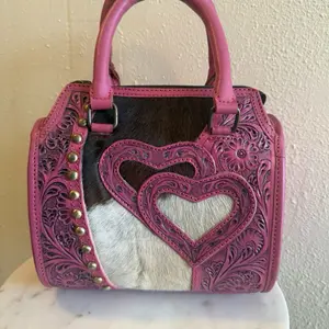 Mini tooled hearts Speedy Bag Western Leather Top Handle Purse Hair-On Hide Cowgirl Handbag with pink Accents