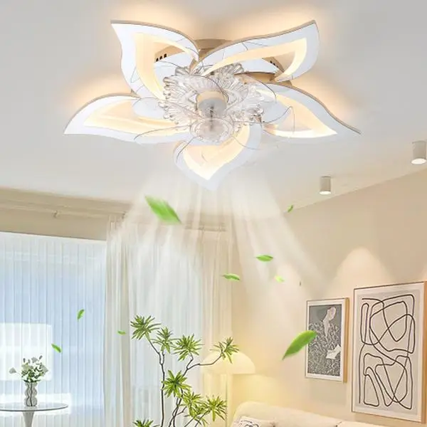 LED Ceiling Flower Ceiling Fans with Lights, Small 24.5 Inch Modern Low Profile Ceiling Fan, Dimmable LED Ceiling Light Fixture, Flush Mount Ceiling F