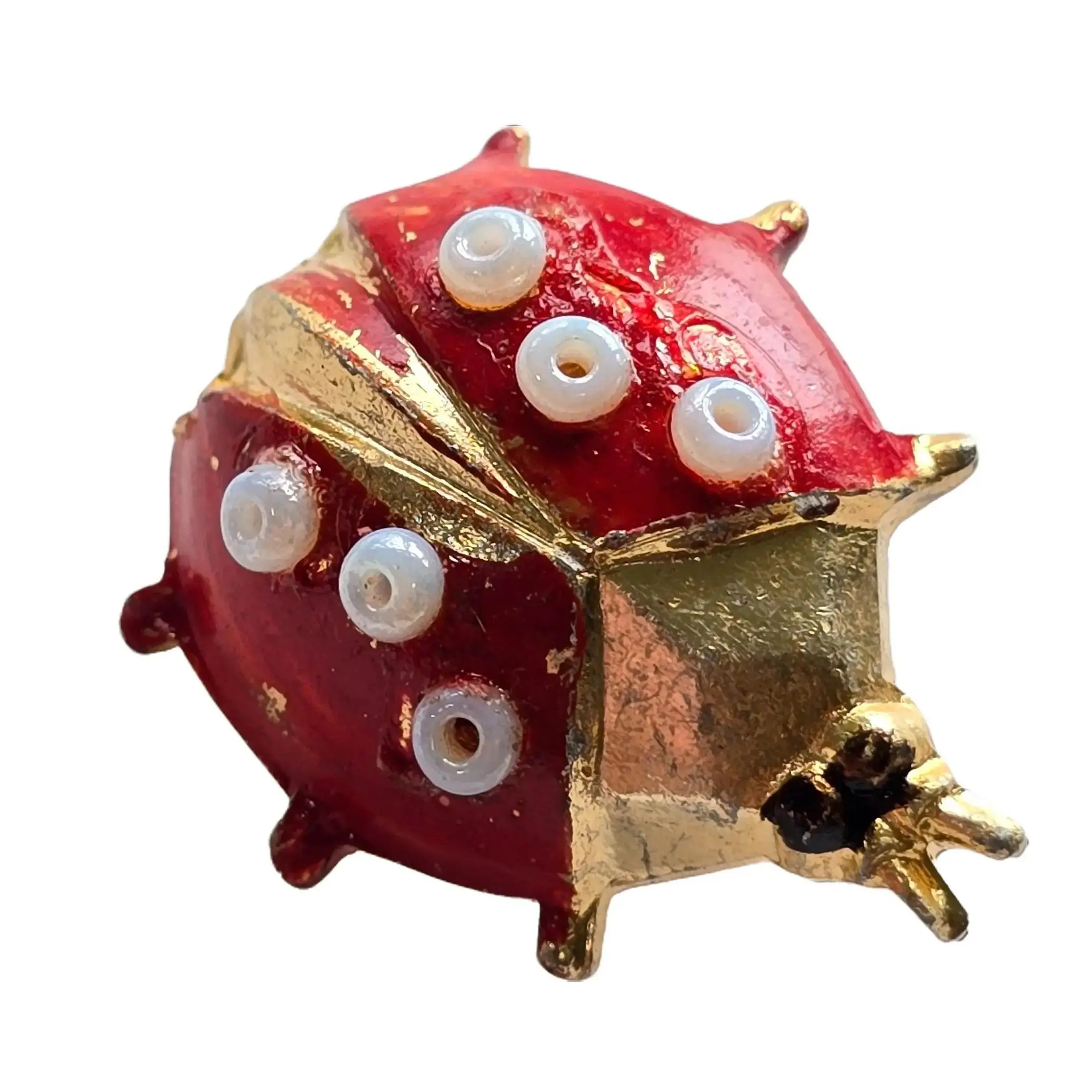 Cute Tiny Gold Tone & Red Enamel Ladybug Brooch w/ Glass Beads Retro Jewelry Pin