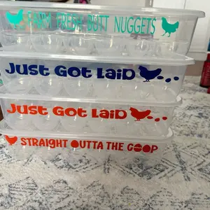 Reusable egg cartons with sayings