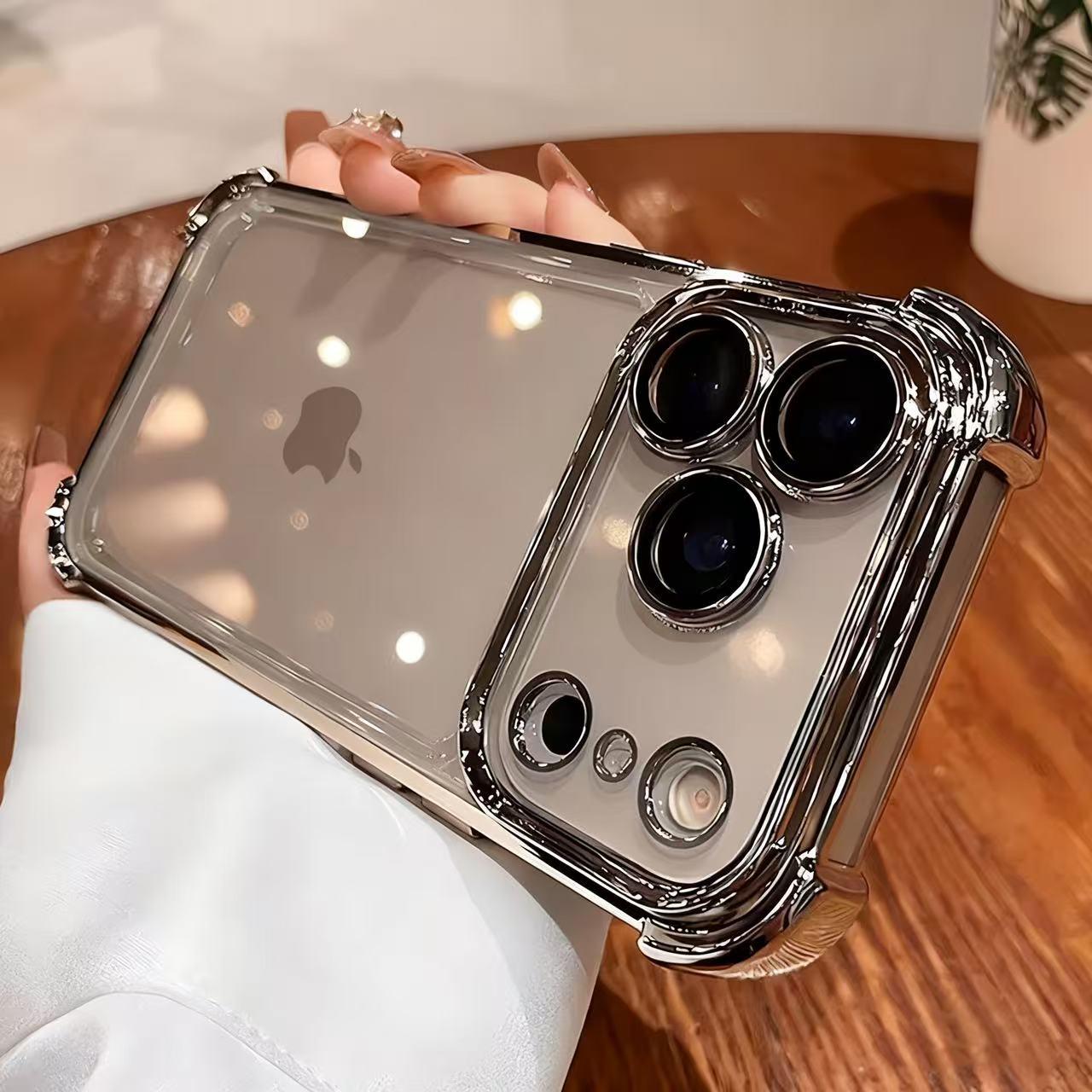 Four-corner anti-fall transparent mobile phone case, frame electroplating, mobile phone case with anti-fall safety pad, suitable for iPhone17promax, iPhone16 15 14 promaxplus, sturdy and thickened mobile phone case