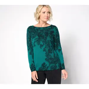 Susan Graver Printed Fine Gauge Sweater with Bateau Neck
