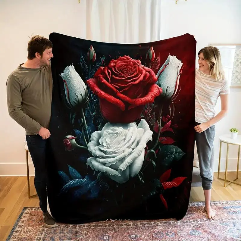 Cozy Rose Print Wrinkle-Resistant Flannelette Blanket - Classic Bedding Throw, Available in 101cm×76cm(30×40in),152cm×127cm(50×60in) Sizes, Christmas Gift for Grandparents, Wedding