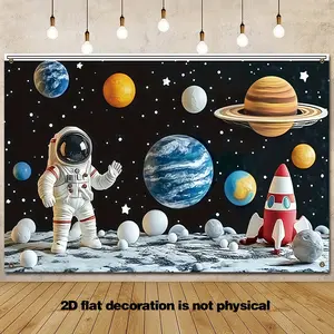 Spacethemed Birthday Party Backdrop Cartoon Outer Space with Planets Rocket Stars Banner Celebrations Photography Background Space Party Decorations