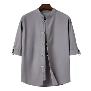 Wizoat Men's Linen Casual Shirts, Button Down Roll‑Up Sleeve Tops, Summer Breathable Zen Style Kung Fu Karate Shirts, Loose Lightweight Soft Daily Wear, Trendy Oriental Streetwear Outfits For Vacation & Casual Occasions