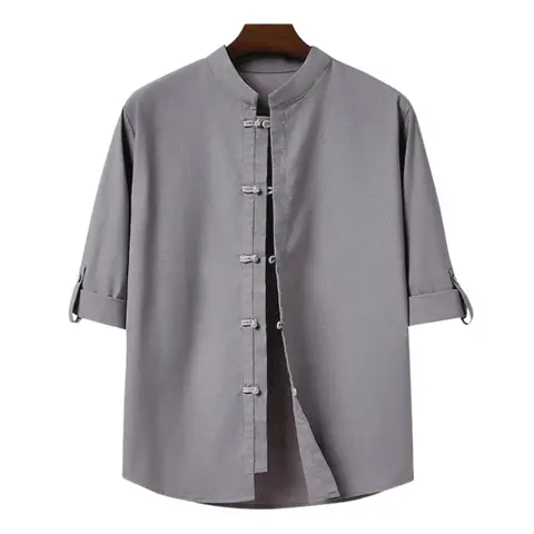 Wizoat Men's Cultural Asian Style Linen Blend Mock Neck Button-Down Short-Sleeve Casual Shirt - Frog Buttons, Traditional Zen Kung Fu Dress, Summer Breathable Vacation Streetwear, Asian Style Men's Casual Shirts