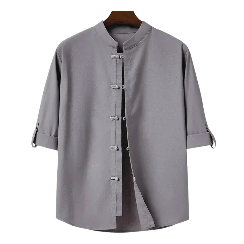 Wizoat Men's Linen Casual Shirts, Button Down Roll‑Up Sleeve Tops, Summer Breathable Zen Style Kung Fu Karate Shirts, Loose Lightweight Soft Daily Wear, Trendy Oriental Streetwear Outfits For Vacation & Casual Occasions
