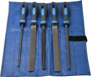 PFERD 5 Piece American Pattern File Set 8" Long, Bastard Coarseness, Ergonomic Handle, Set Includes Hand, Three Square, Square, Round, Tapered Half Round 16078