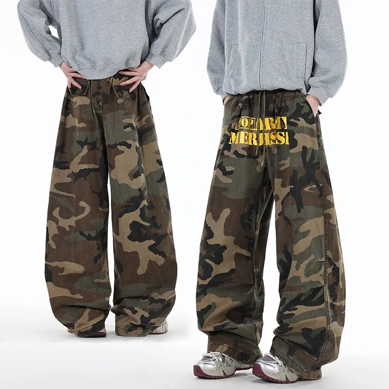 Men’s baggy camo pants, Y2K wide-leg drawstring trousers, oversized streetwear cargo pants casual comfortable