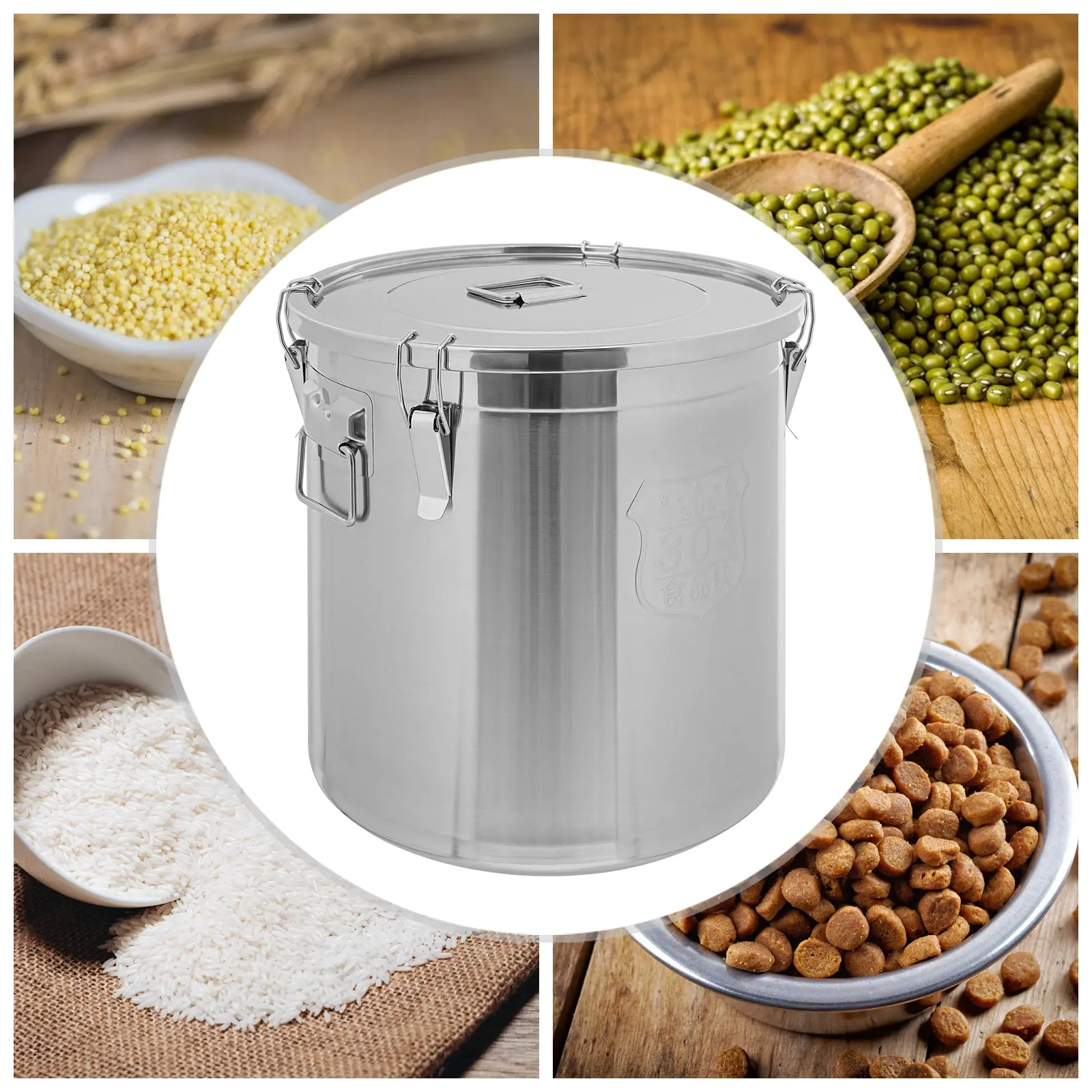 1 Pack Cylindrical Rice Container Modern Silver Polished Food Grade 304 Stainless Steel Food Storage Container With Silicone Seal 48L Large Capacity Airtight Dry Grain Storage Bin For Home Kitchen