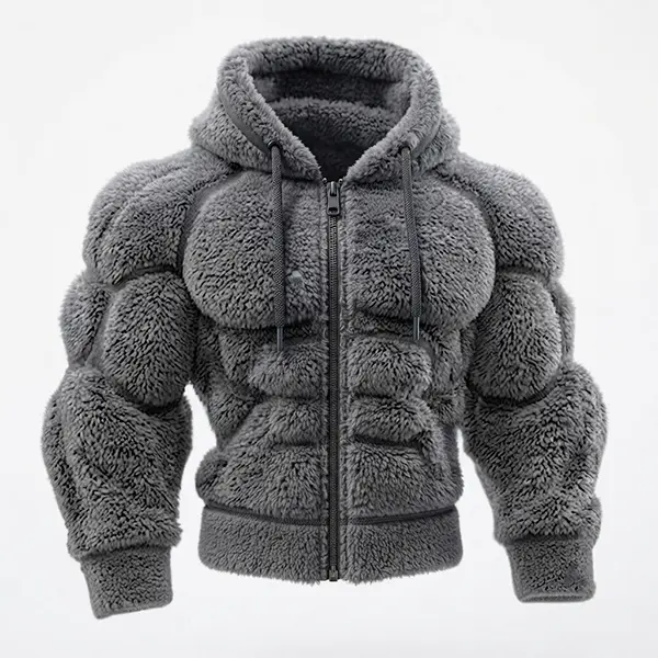 Men's Gray Plush Muscle Illusion Zip-Up Hoodie Gym Fitness | Cozy Sherpa Fleece Gym Jacket