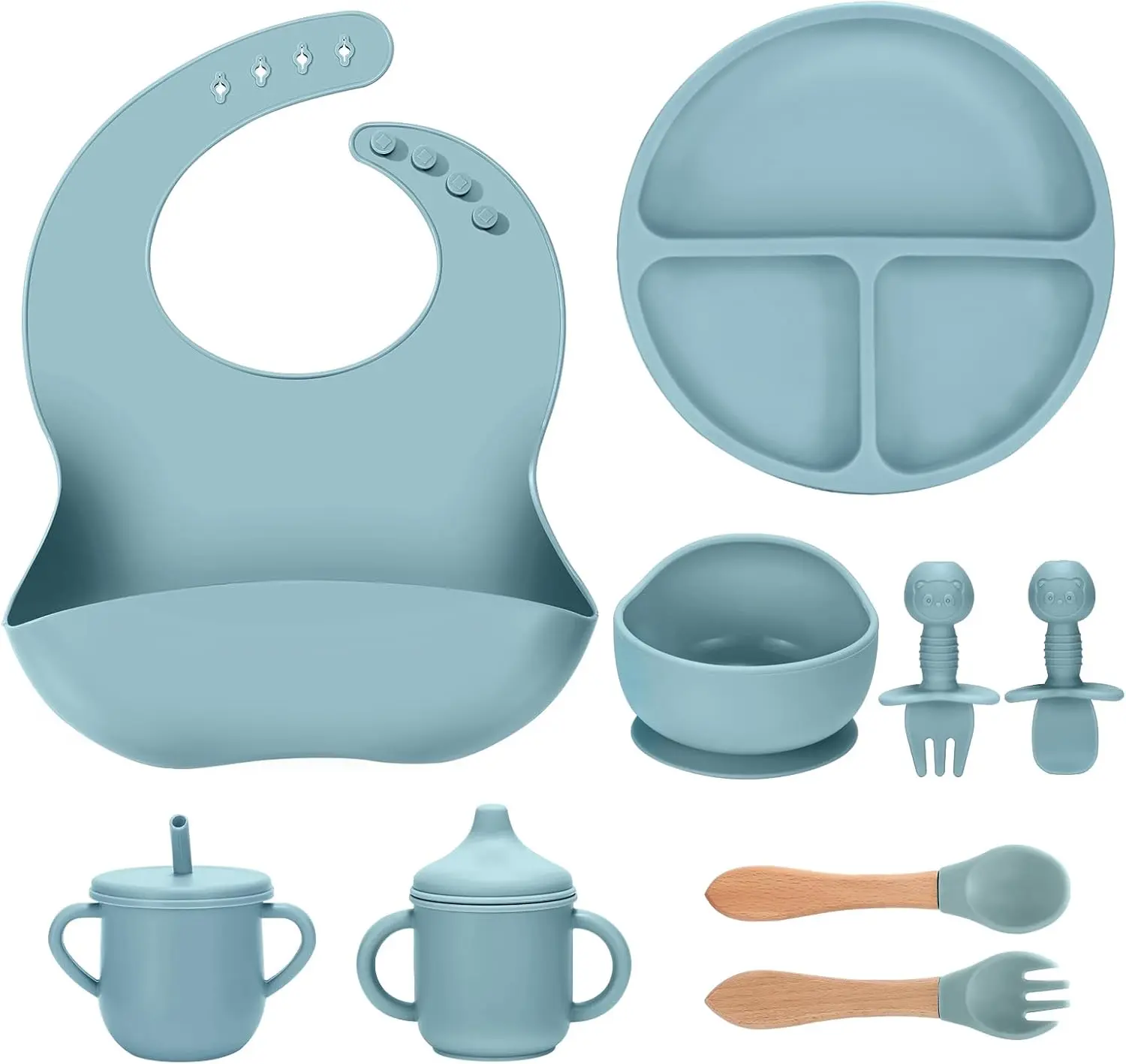 9 PCS Silicone Baby Feeding Set for Baby Led Weaning, BPA-Free Suction Plate & Bowl, Adjustable Bib, Baby Spoon & Fork, Wooden Utensils, Training Straw Cup & Sippy Cup, Toddler Self Feeding Essentials