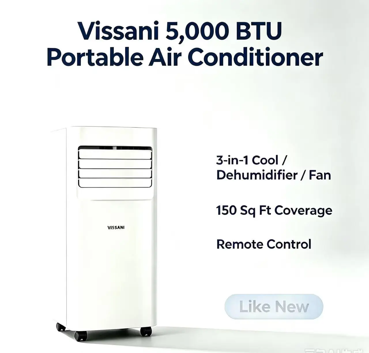 Vissani 5,000 BTU Portable Air Conditioner, White 3-in-1 Cool Dehumidifier Fan, 150 Sq Ft Coverage, Remote Control, 24H Timer, Low Noise & Easy Installation，Like New