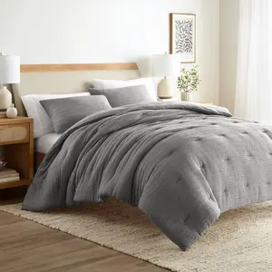 Waffle Textured Comforter Set All Season Down-Alternative Ultra Soft Bedding - Becky Cameron, Fog, Full/Queen