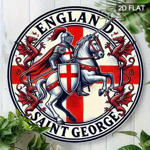 1pc England Knight and Dragon Wall Decor - Medieval Heraldry with St. George's Cross, Red & Golden Dragon - Waterproof Metal Hanging for Home, Office, Pub - Easy Hang with Pre-Drilled Holes - English Heritage Decoration Gift (19.81x19.81cm) - Medieval-Th