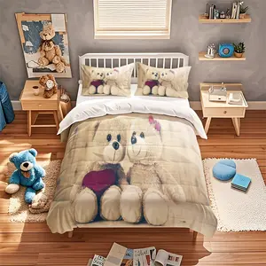 2D Print Bear Pattern Bedding Set, 100% Polyester Soft Breathable Fabric, All Seasons, Includes 1 Fitted Sheet + 2 Pillowcases