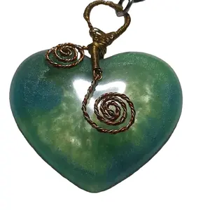 Green and Blue Resin Heart Wire Wrap Pendant