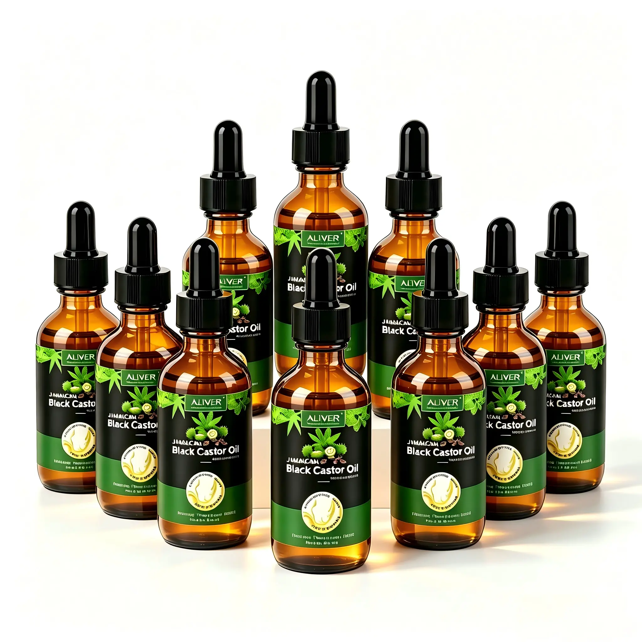 10PCS Set -ALIVER Jamaican Black Castor Oil - Pure and Organic, Cold Pressed in Glass Bottles for Hair, Eyebrow Nourishment, and Skin Hydration tiktokshopbacktoschool