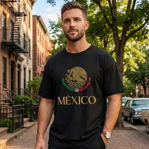 Men's summer outfit featuring Latino pride pattern T-shirt with Mexican national emblem, soft stretch fabric, large size, for casual sports wear