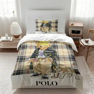 Cute Plush Bear Duvet Cover Set (2/3-Piece, 1 Duvet Cover + 1-2 Pillowcases, No Comforter/Pillow Inserts), Plaid Bear & Puppy Print, Soft Microfiber, Retro Style Bedroom Decor, Ideal Gift for Kids