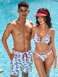 COUPLE VIBES Summer Vacation Outfit Men's Beach Shorts with Drawstring Waistband and Mediterranean Fish Print Quick Dry All-Over Print Slant Pocket Swim Trunks