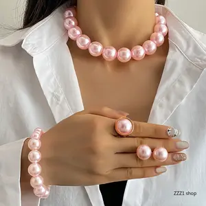 Pink Pearl Jewelry Set for Women Trendy Chunky Large Pearl Choker Necklace Stud Earrings Bracelet Ring Elegant Wedding Dinner Bridal Party Costume Gift