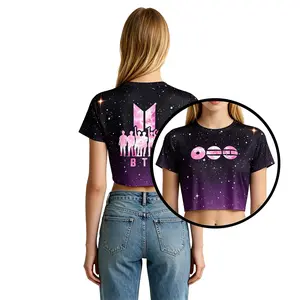 World Tour BT21 Kpop ARMY Group Silhouette Purple Galaxy Crop Top Returning in 2026 ARIRANG Y2K Streetwear for Teen Girls,  Concert Outfit, Aesthetic Sparkle Cropped T-Shirt for Women