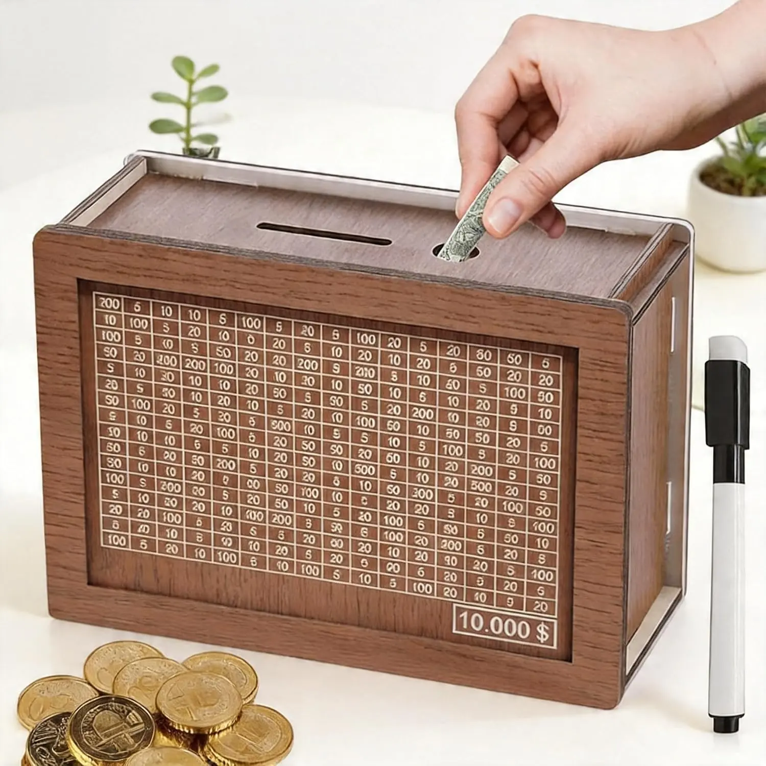 Wooden Piggy Bank with $2,000–$10,000 Savings Tracker – Decorative Craft & Convenient Savings Box; Ideal for Financial Planning, Savings Goals, and Cultivating Financial Awareness