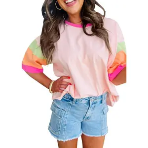 Women's Oversized Color Block T-Shirt Casual Loose Round Neck Short Sleeve Drop Shoulder Patchwork Shirt Summer T-Shirt Top