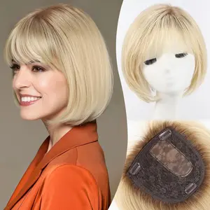 Brown Real Human Hair Toppers 10 inch Short 6.5*6.5inch Large Base Hair Pieces Toppers 4 Clips for Women with Bangs Side Part