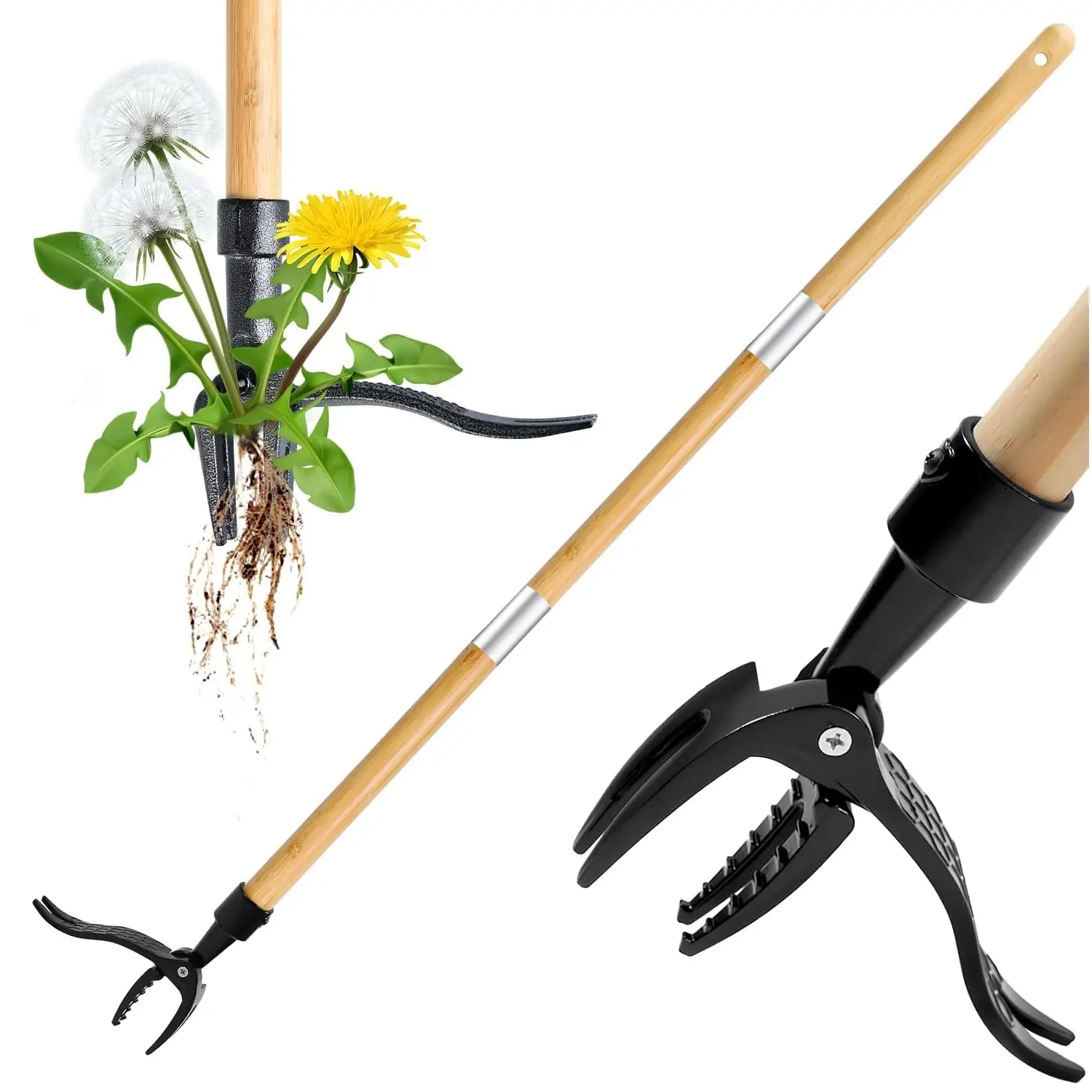 Stand-Up Weed Puller Tool, Long Handle 4-claw Steel Head Garden Hand Weeding Tool, Easy Remove Weeds without Bending, Pulling, Or Kneeling